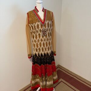 Tan Red & Black Embroidered Pakistani Formal Dress with Dupatta